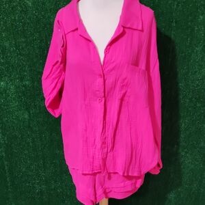 Women's Pink Button-Up Blouse And Shorts